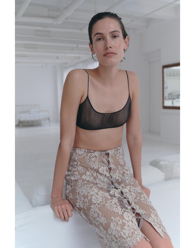 자라 자라 비대칭 헴 레이스 미디 스커트 4772/708/676 DUSTY PINK 베이지 착용컷