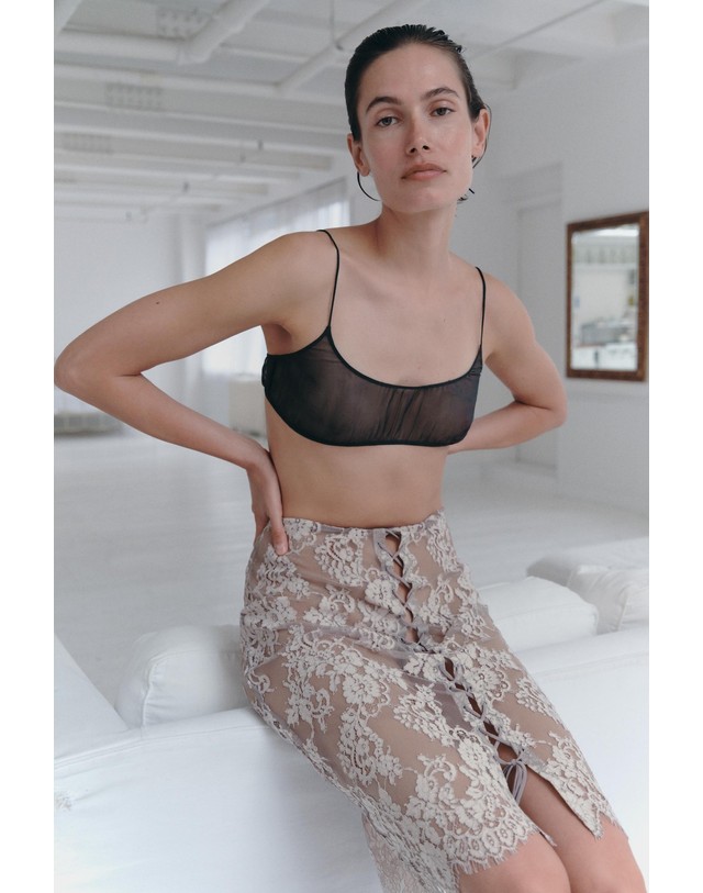 자라 자라 비대칭 헴 레이스 미디 스커트 4772/708/676 DUSTY PINK 베이지 착용컷