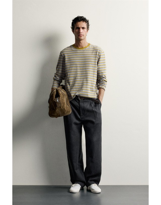 자라 자라 스트라이프 자카드 긴팔 티셔츠 1887/400/911 OLIVE GREEN 멀티컬러 착용컷