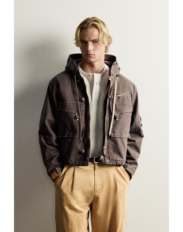자라 자라 유틸리티 포켓 후드 코튼 자켓 6987/358/737 BROWN / TAUPE 초콜릿 착용컷