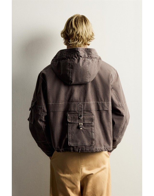 자라 자라 유틸리티 포켓 후드 코튼 자켓 6987/358/737 BROWN / TAUPE 초콜릿 착용컷