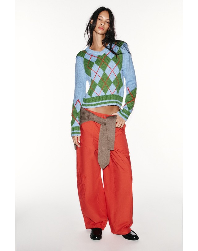 자라 자라 아가일 브이넥 크롭 니트 스웨터 3653/106/330 MULTICOLOURED 멀티컬러 착용컷