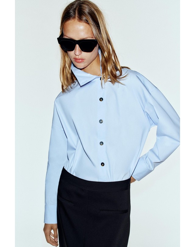 자라 자라 하이넥 포플린 오버핏 긴팔 셔츠 9060/340/441 LIGHT BLUE 블루 착용컷