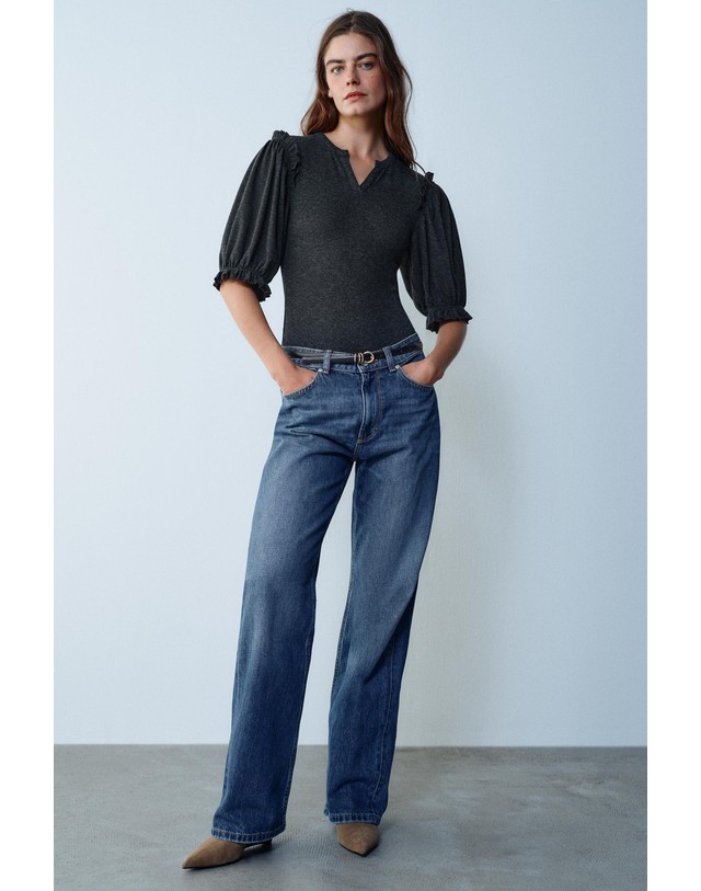 자라 자라 러플 브이넥 7부소매 바디수트 1528/705/922 DARK GREY 그레이 착용컷