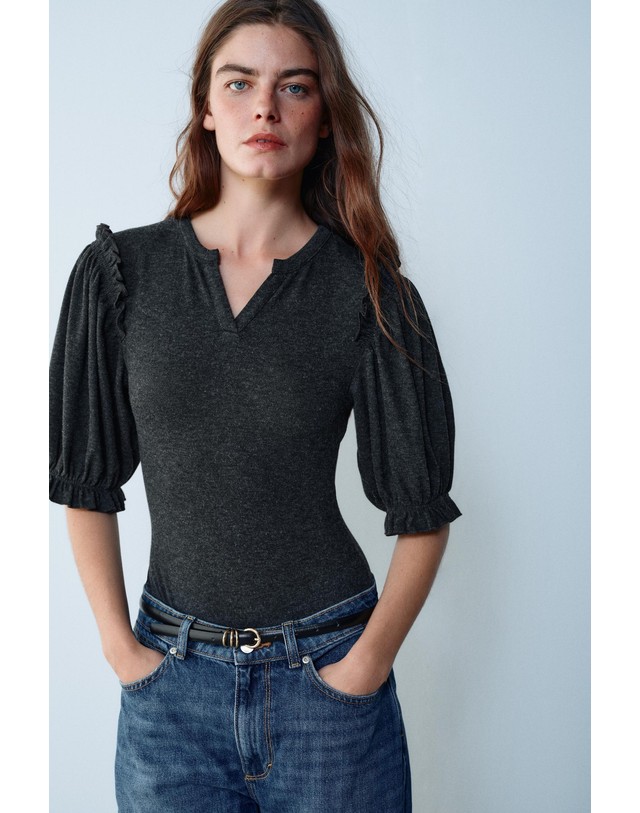 자라 자라 러플 브이넥 7부소매 바디수트 1528/705/922 DARK GREY 그레이 착용컷