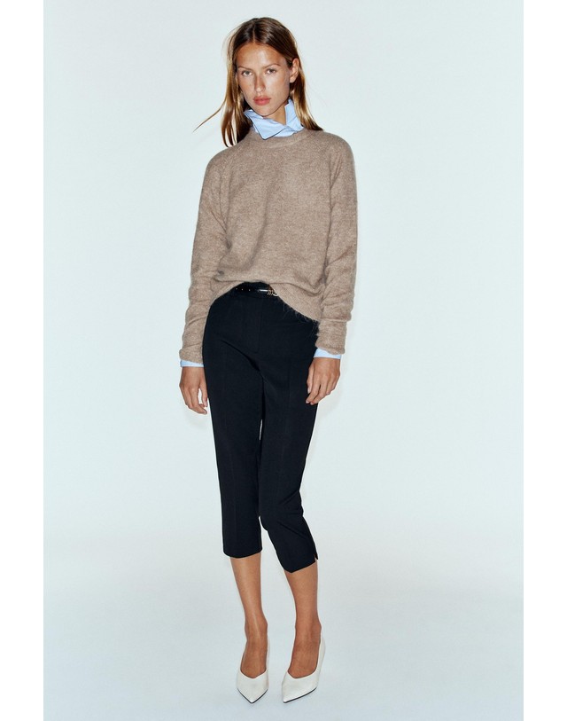 자라 자라 울 알파카 라운드넥 니트 스웨터 9598/251/737 BROWN / TAUPE 베이지 착용컷