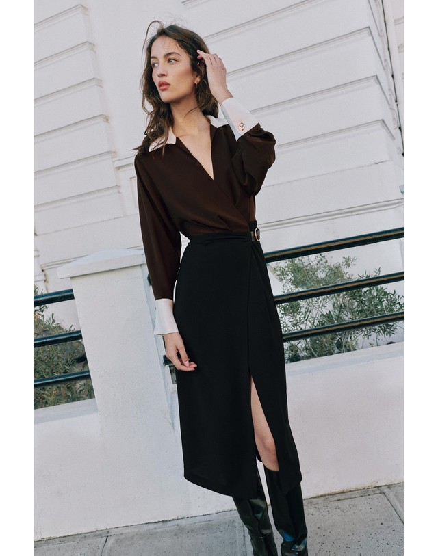 자라 자라 버클 스트랩 랩 미디 원피스 5029/222/700 BROWN 멀티컬러 착용컷