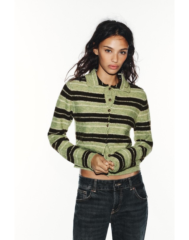 자라 자라 스트라이프 버튼 가디건 2893/210/054 BROWN / GREEN 멀티컬러 착용컷