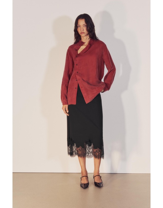 자라 자라 하이넥 라이오셀 긴팔 셔츠 4786/282/605 BURGUNDY 레드 착용컷