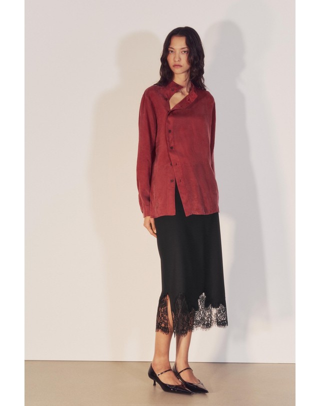 자라 자라 하이넥 라이오셀 긴팔 셔츠 4786/282/605 BURGUNDY 레드 착용컷