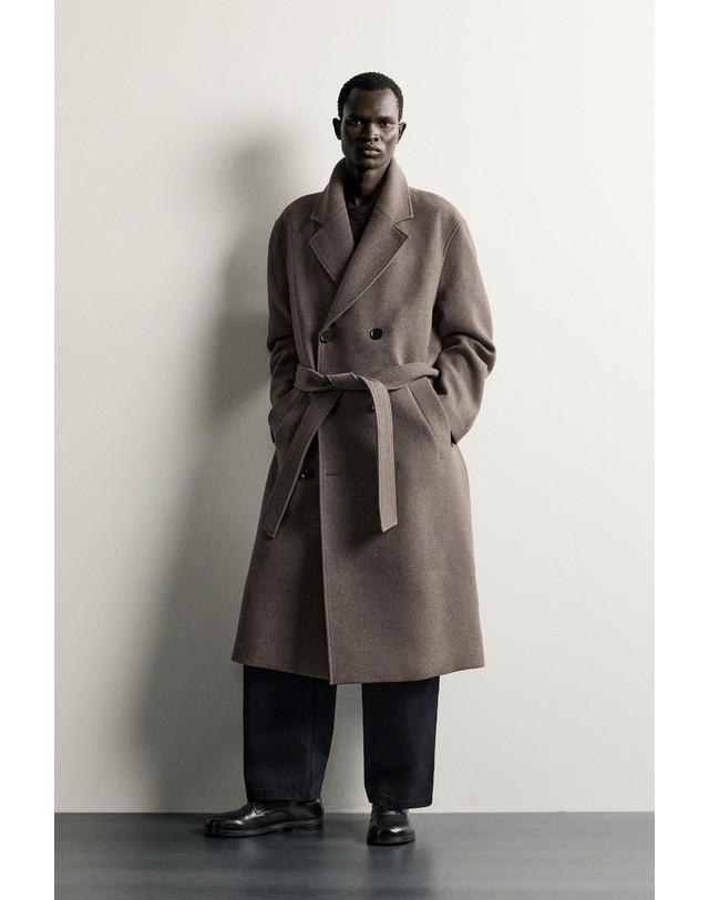 자라 자라 울 혼방 벨트 더블 롱 코트 2949/756/736 LIGHT MINK 브라운 착용컷