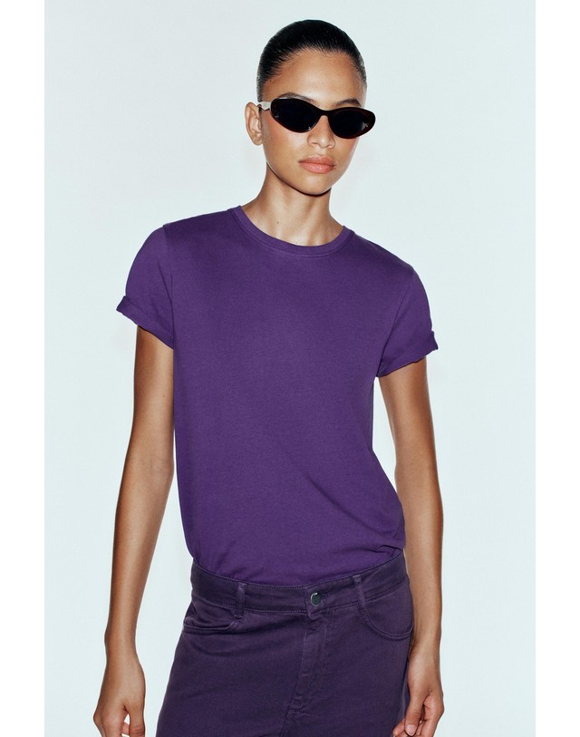 자라 자라 레귤러핏 러스틱 코튼 반팔 티셔츠 4424/306/611 PURPLE 퍼플 착용컷