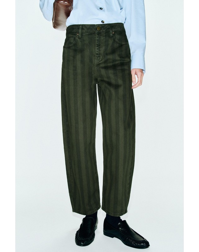 자라 자라 스트라이프 스트레이트 데님 팬츠 9942/160/104 STRIPED 그린 착용컷