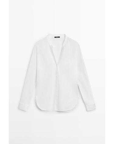 마시모두띠 100% 린넨 화이트 브이넥 긴팔 셔츠 5151/730 WHITE