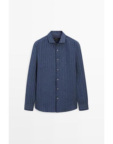 마시모두띠 레귤러핏 스트라이프 린넨 셔츠 2029/259 NAVY BLUE