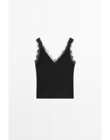 마시모두띠 레이스 트림 스트랩 브이넥 민소매 탑 6811/918 BLACK