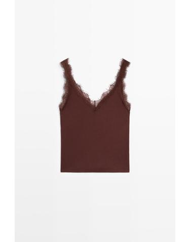 마시모두띠 레이스 트림 스트랩 브이넥 탑 6811/918 BROWN