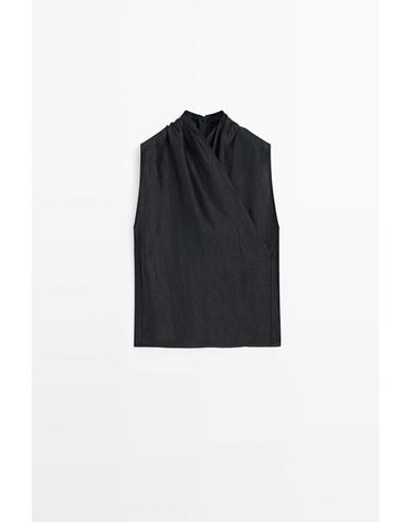 마시모두띠 린넨 혼방 크로스 하이넥 민소매 탑 5120/610 NAVY BLUE
