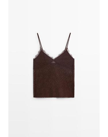 마시모두띠 레이스 트림 스트랩 브이넥 탑 6842/609 BROWN