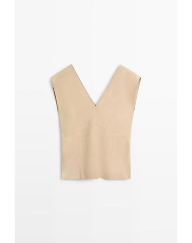 마시모두띠 스웨이드 레더 브이넥 민소매 탑 4752/852 BEIGE