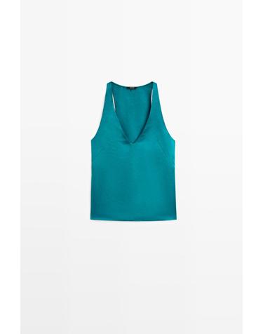 마시모두띠 새틴 린넨 혼방 브이넥 민소매 탑 5189/689 TURQUOISE