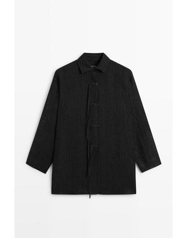 마시모두띠 스트라이프 린넨 혼방 버튼 블라우스 6648/500 BLACK