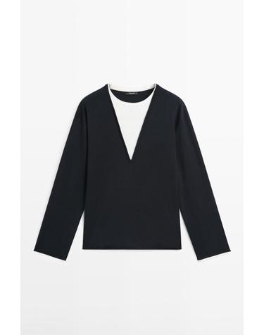 마시모두띠 코튼 혼방 배색 니트 스웨터 5622/822 NAVY BLUE