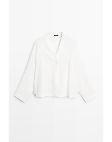 마시모두띠 린넨 혼방 브이넥 크롭 셔츠 5187/687 WHITE