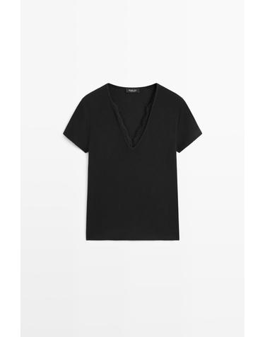 마시모두띠 레이스 디테일 브이넥 반팔 티셔츠 6811/920 BLACK