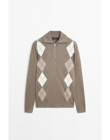 마시모두띠 아가일 쿼터집업 니트 스웨터 1398/205 KHAKI