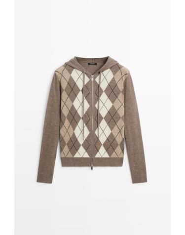 마시모두띠 아가일 체크 후드 집업 니트 가디건 5908/528 TAUPE GREY