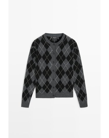 마시모두띠 아가일 100% 울 크루넥 가디건 5927/595 DARK GREY