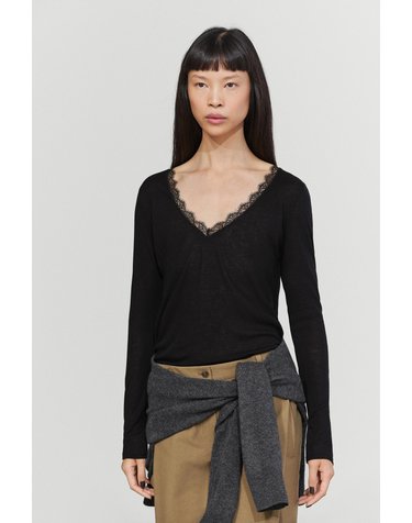 마시모두띠 레이스 브이넥 긴팔 티셔츠 6874/575 BLACK