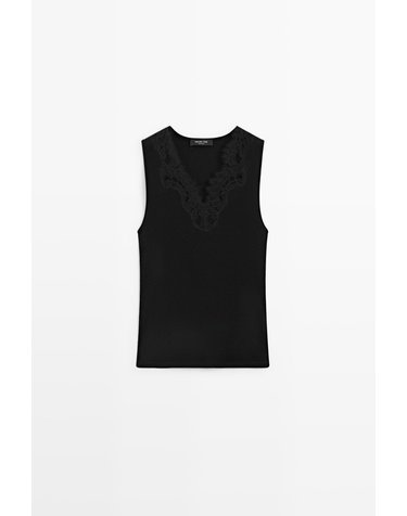 마시모두띠 코튼 캐시미어 레이스 브이넥 민소매 탑 6298/106 BLACK