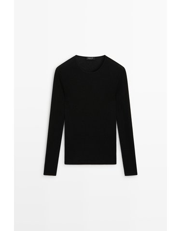 마시모두띠 슬림핏 라운드넥 골지 긴팔 티셔츠 6828/948 BLACK