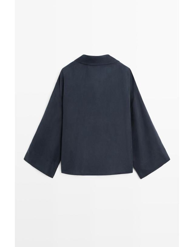 마시모두띠 마시모두띠 셔링 브이넥 랩 블라우스 5114/814 NAVY BLUE 네이비 착용컷