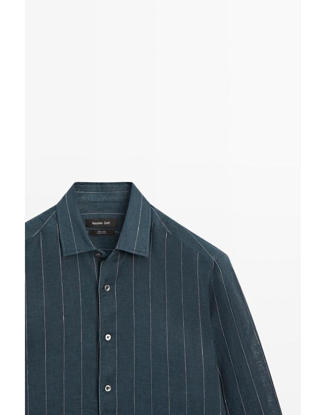 마시모두띠 마시모두띠 레귤러핏 스트라이프 린넨 긴팔 셔츠 1978/299 PETROL BLUE 블루 착용컷