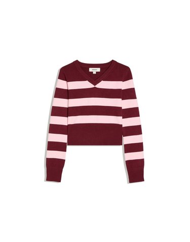 버쉬카 브이넥 스트라이프 니트 스웨터 2472/693 BURGUNDY