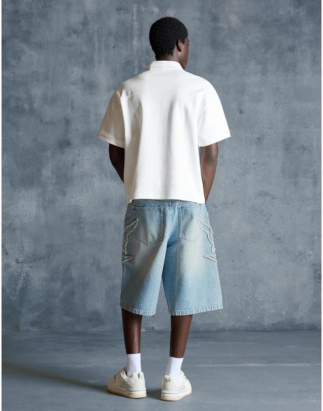 버쉬카 버쉬카 패치 라이트 데님 배기 버뮤다 팬츠 1299/352 LIGHT BLUE 블루 착용컷