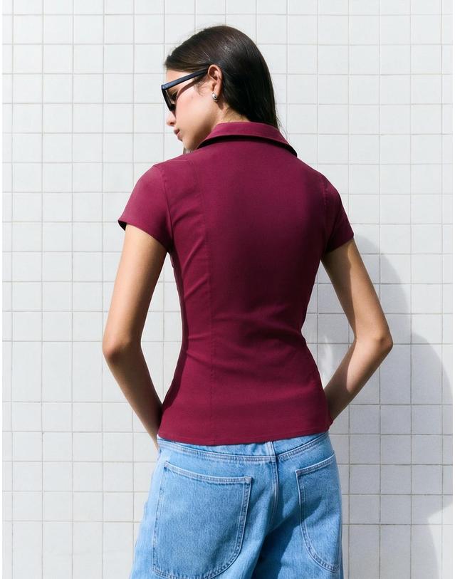 버쉬카 버쉬카 브이넥 집업 반팔 셔츠 1268/710 MAROON 레드 착용컷