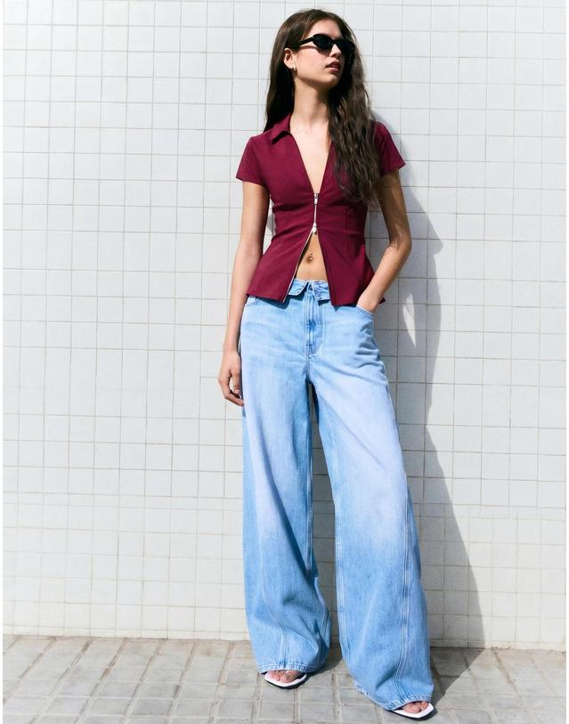 버쉬카 버쉬카 브이넥 집업 반팔 셔츠 1268/710 MAROON 레드 착용컷
