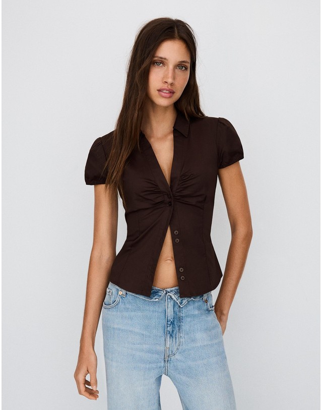 버쉬카 버쉬카 타이 디테일 반팔 포플린 셔츠 1337/710 BROWN 초콜릿 착용컷