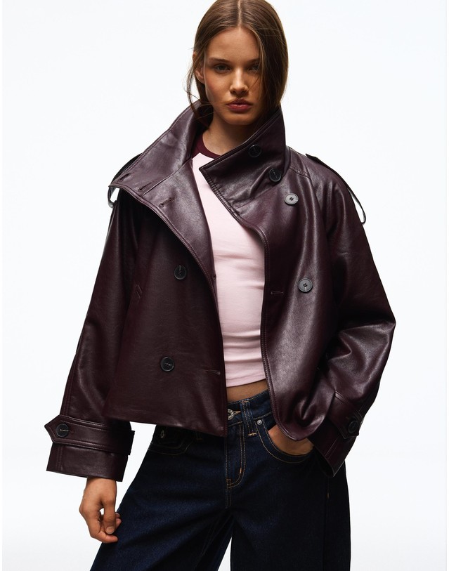 버쉬카 버쉬카 레더 이펙트 벨트 숏 트렌치 자켓 0091/718 BURGUNDY 레드 착용컷
