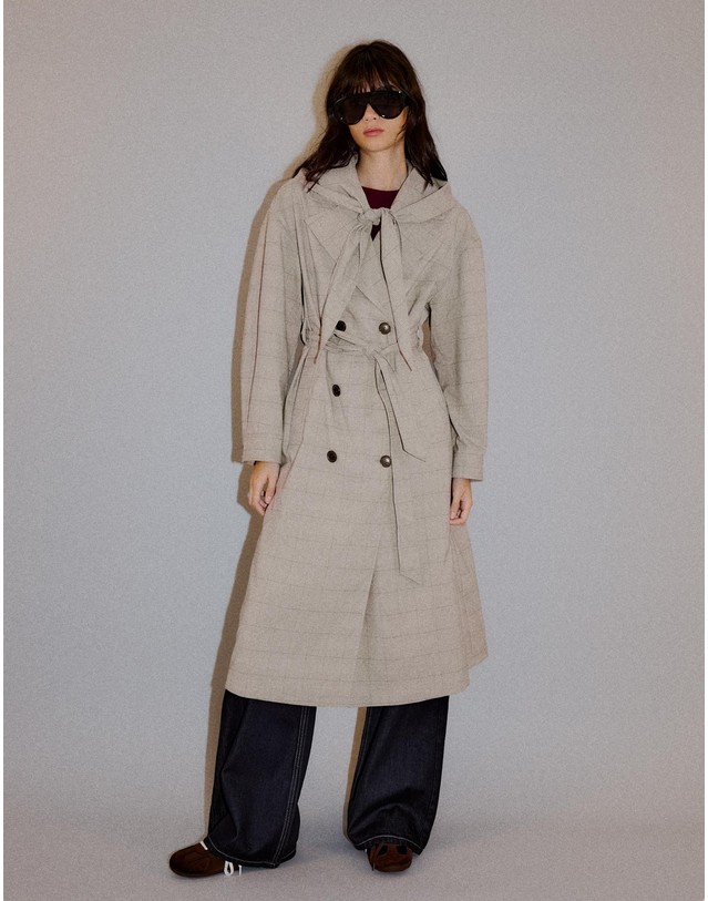 버쉬카 버쉬카 체크 스카프 롱 트렌치 코트 2529/707 DARK GREY 베이지 착용컷
