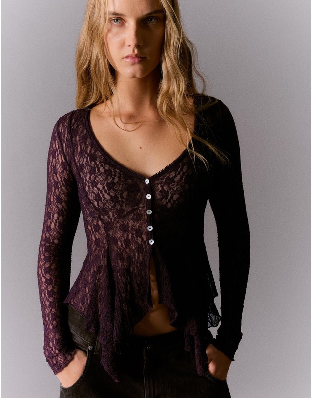버쉬카 버쉬카 레이스 버튼 브이넥 가디건 4659/250 BURGUNDY 레드 착용컷