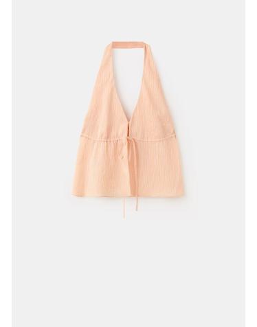 망고 홀터넥 스트라이프 라이오셀 탑 37071398_20 NARANJA