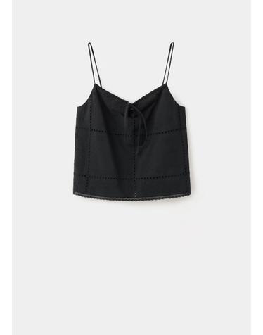 망고 자수 코튼 브이넥 스트랩 탑 37061379_99 NEGRO