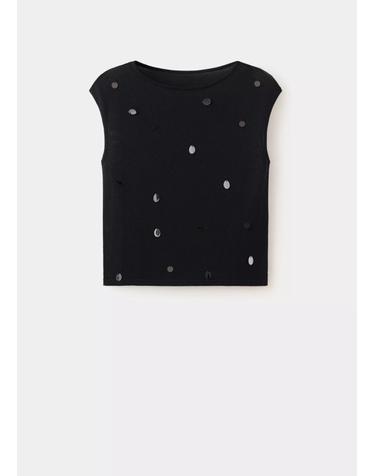 망고 스팽글 보트넥 반팔 니트 탑 37021383_99 NEGRO