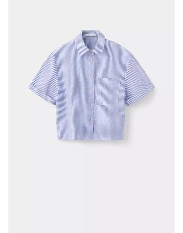 망고 스트라이프 린넨 혼방 반팔 셔츠 37071364_50 AZUL CELESTE
