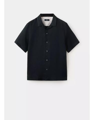 망고 레귤러핏 100% 린넨 반팔 셔츠 37071421_56 AZUL MARINO